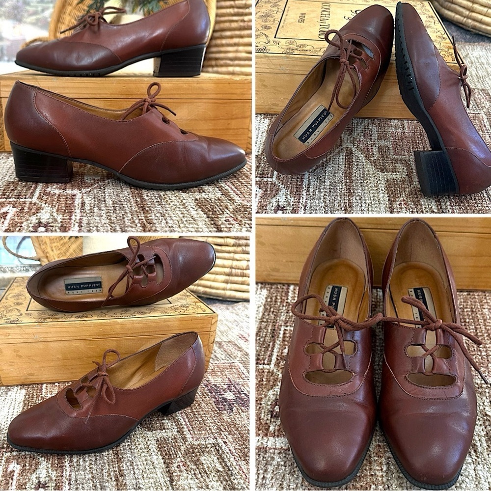 Vintage Hush Puppies Brown Leather Lace Up Shoes Pumps Women’s 7.5W Oxfords